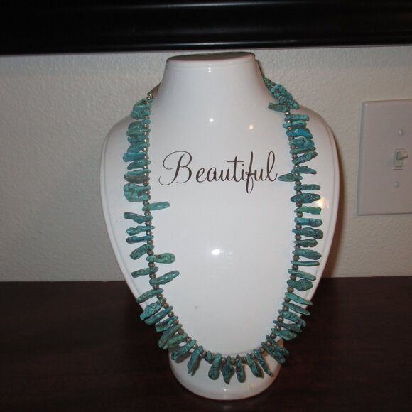 Turquoise Native American Sterling Silver 24" Vintage Necklace - Picture 2 of 5